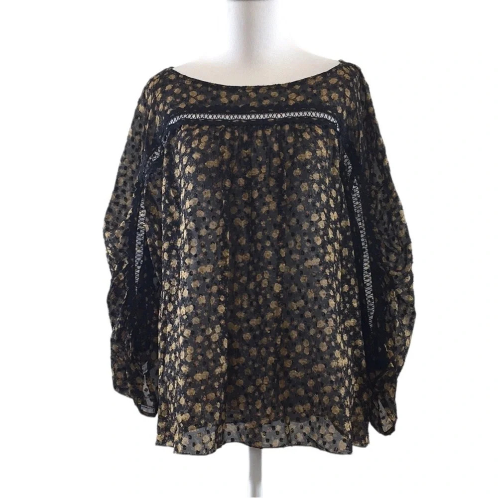 Tracy Reese Brown Black Floral Silk Blouse Womens Medium Long Sleeve Sheer‎
